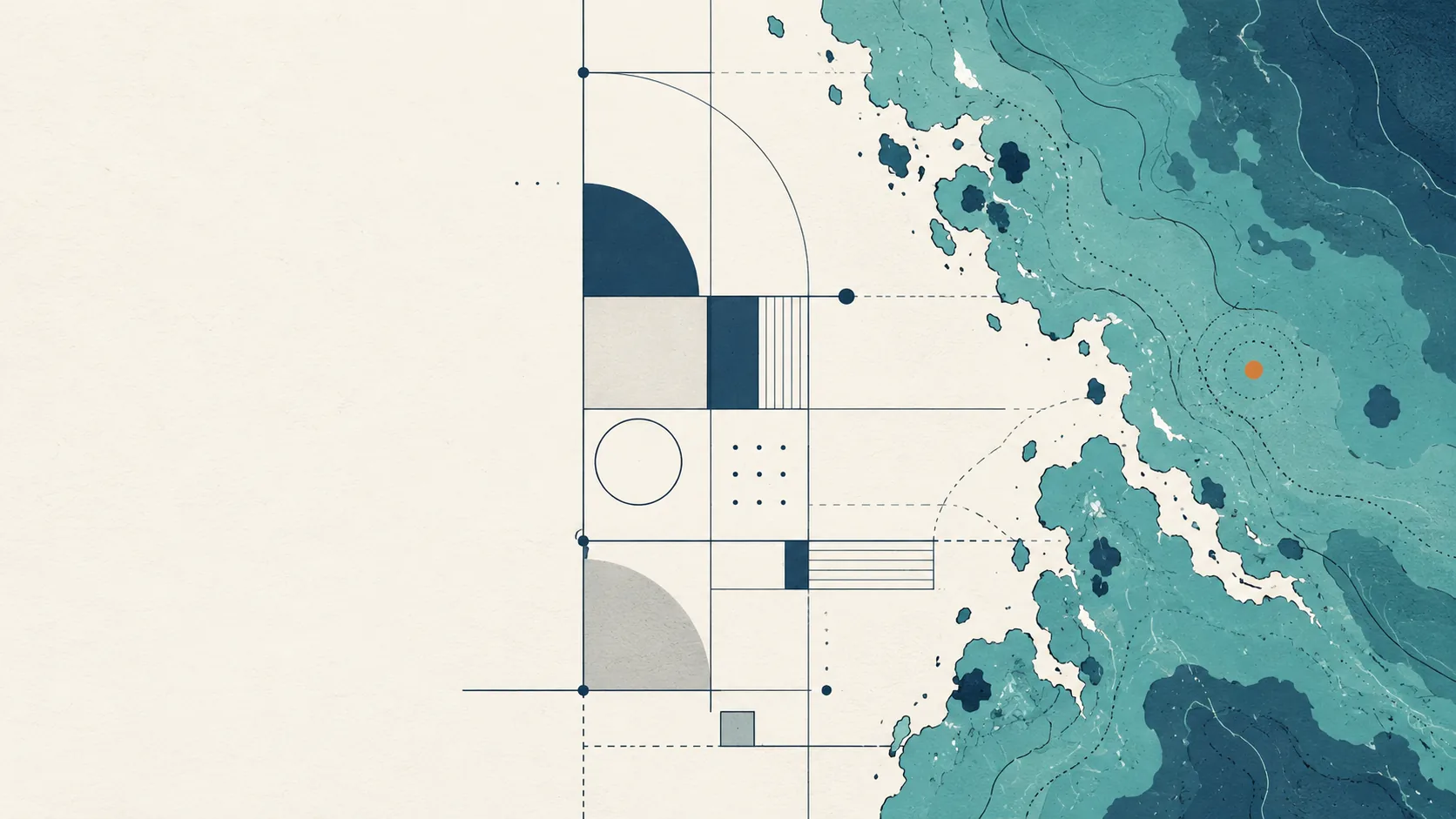 Editorial illustration of a coastline meeting a system grid, held apart by a governed boundary.