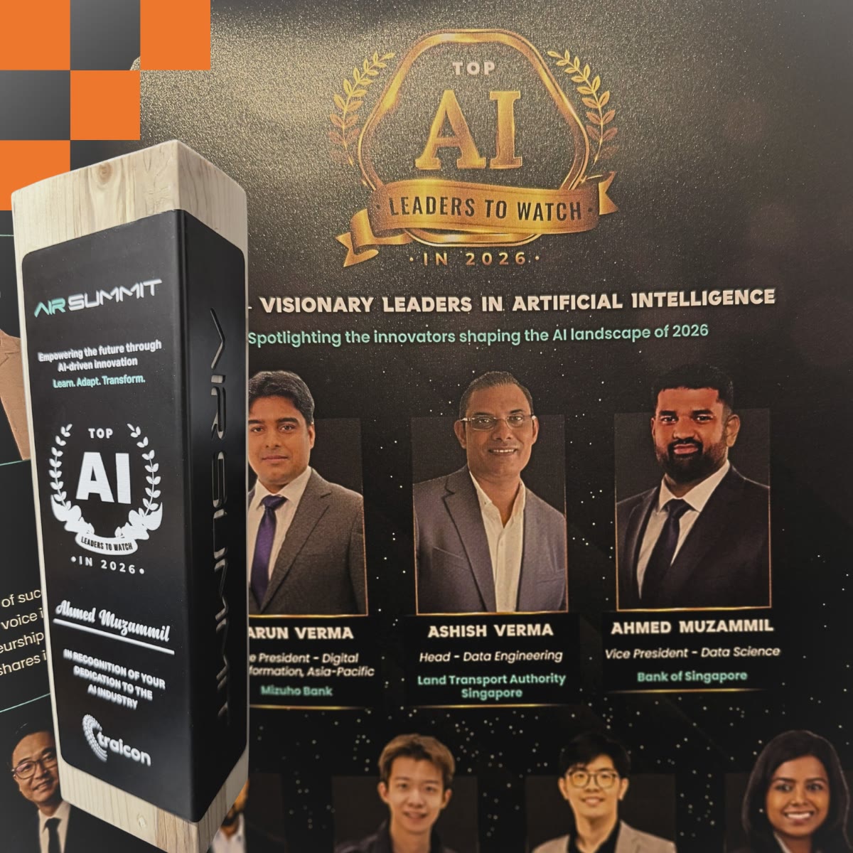 Top AI Leaders to Watch in 2026 trophy and poster featuring Ahmed Muzammil
